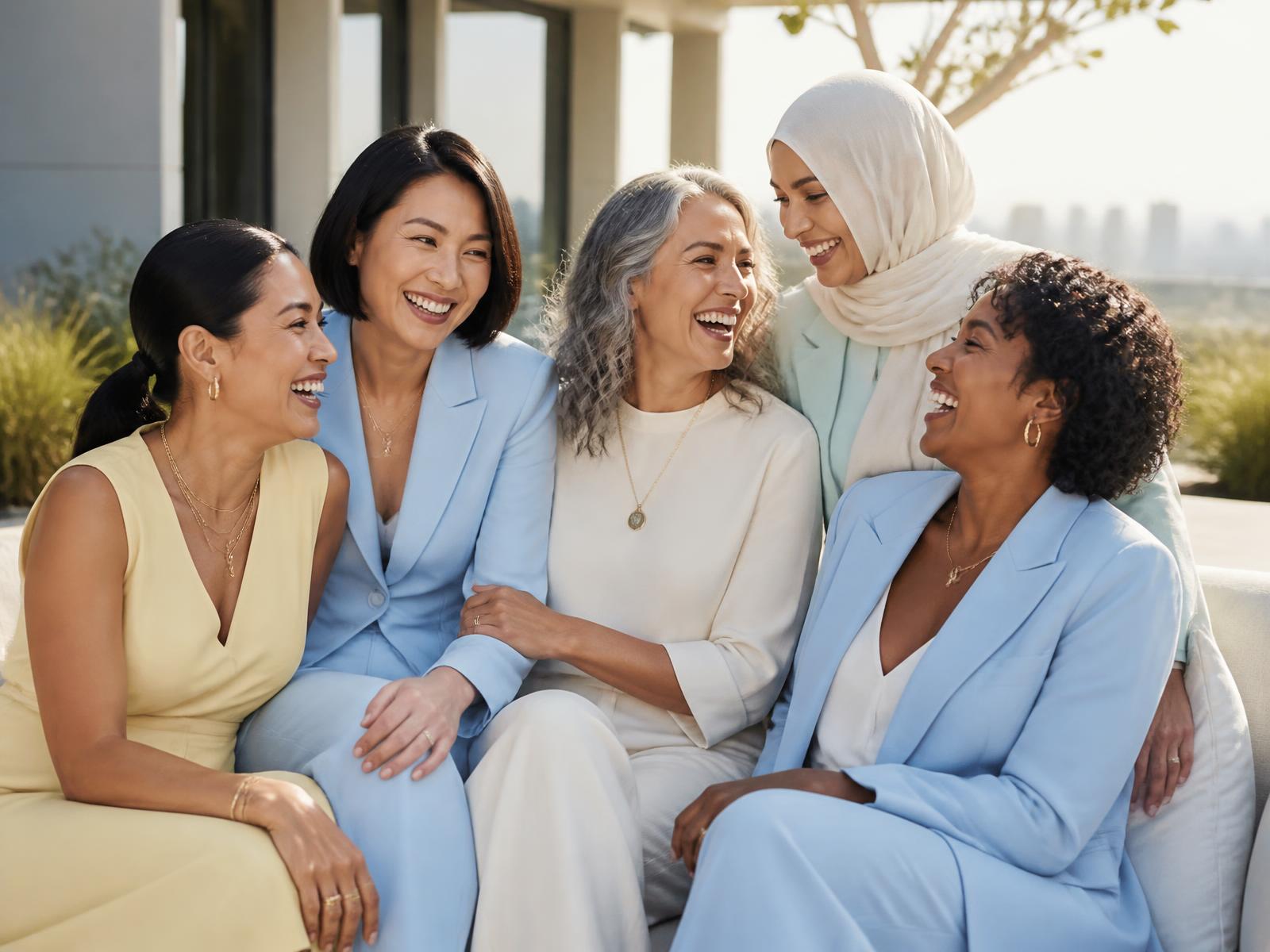 Three women in their forties laughing together around a sunlit table